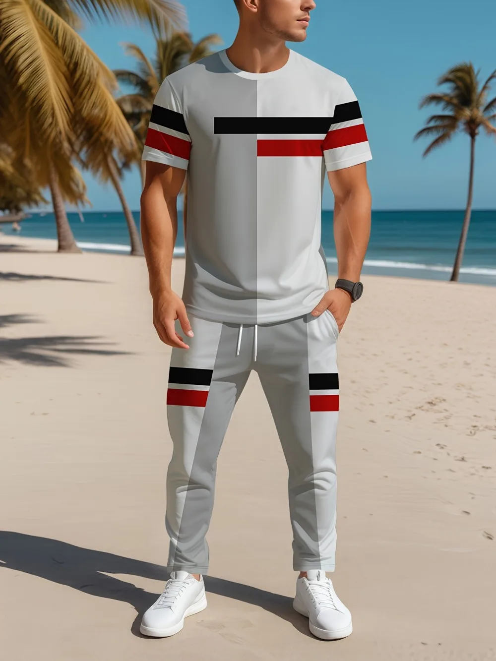 

Hot selling new men's personalized striped print micro elastic breathable round neck T-shirt pants set outdoor casual clothing