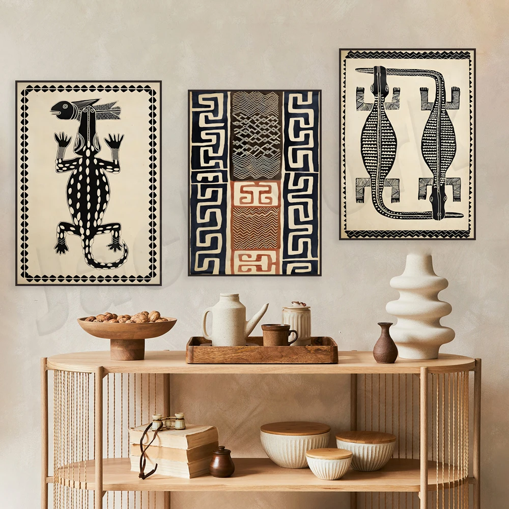 Ink print alligator tribal, crocodile ethnic african american art boho tribal style wall art, african art animal poster
