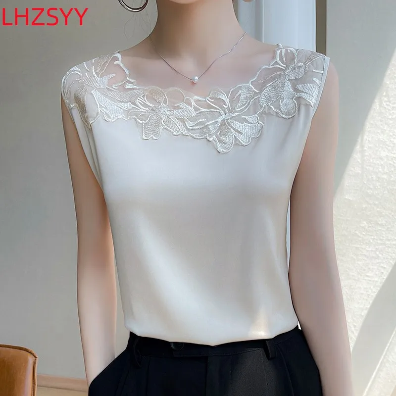 LHZSYY 2024 Lace O-neck Silk Camisole Women Wear Large size Satin Bottoming Shirt Summer Vest Sleeveless Top in Suit Waistcoat