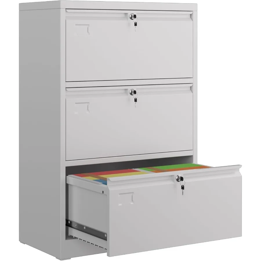 Metal 3 Drawer Lateral File Cabinet with 3 Lock Wide Filing Cabinet for Letter Legal F4 A4 Hanging Files Includes Business Card