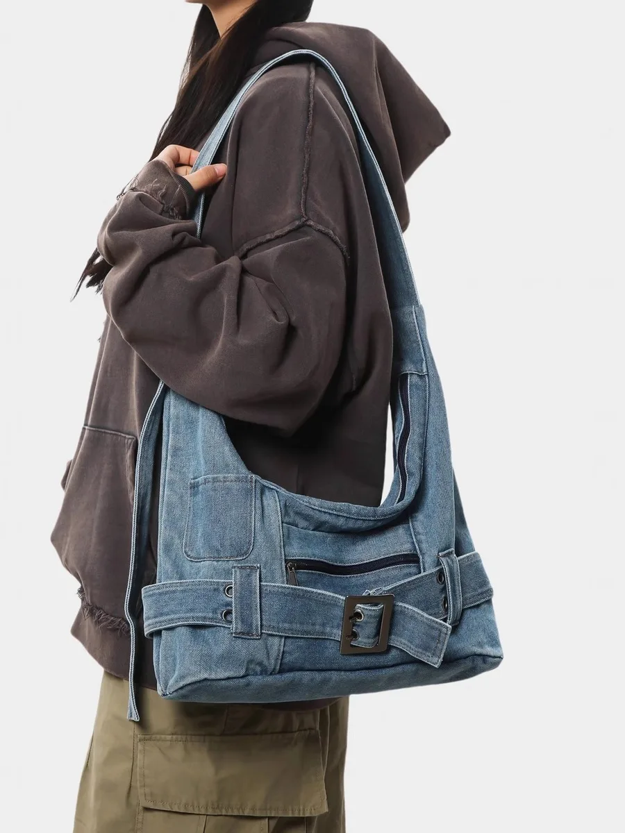 

Retro Denim Crossbody Women's Bag Multifunctional Horizontal Square Large Capacity Belt Decorative Buckle Shoulder Bag For Women