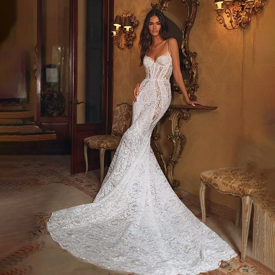 Elegant Mermaid Wedding Dress 2024 Delicate Lace Crystal Appliques Backless Wedding Gown Vestidos De Novia