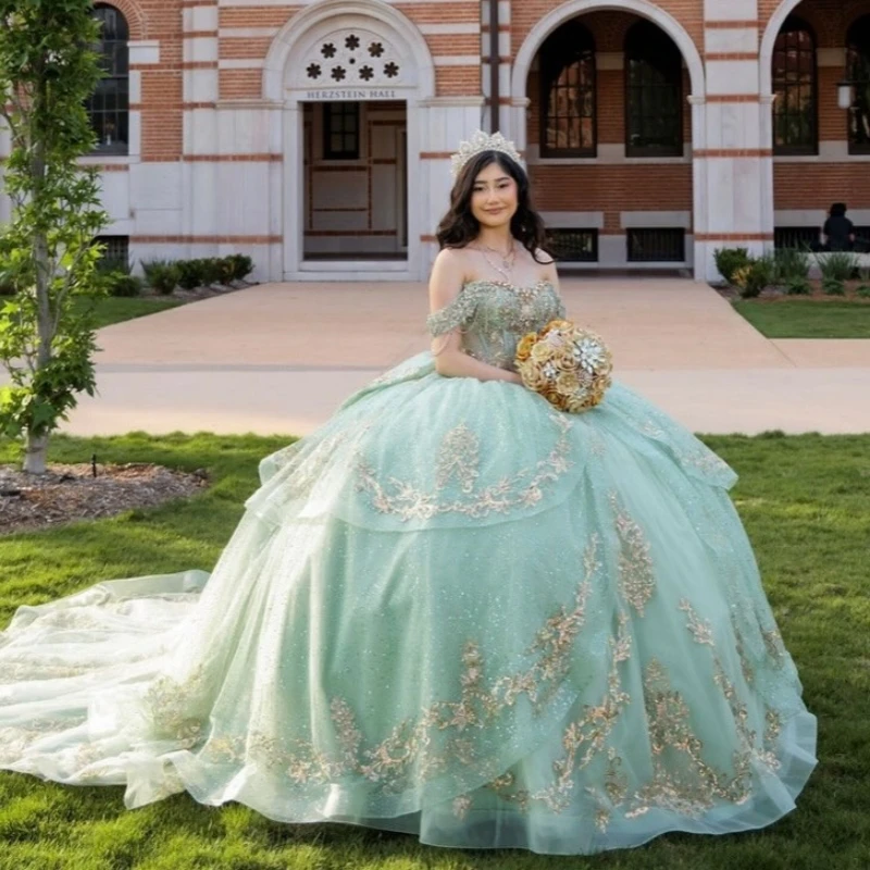 Light Green Shiny Ball Gown Quinceanera Dresses Applique Lace Beading Crystal Bow Tiered Tull Corset Off The Shoulder Sweet 16