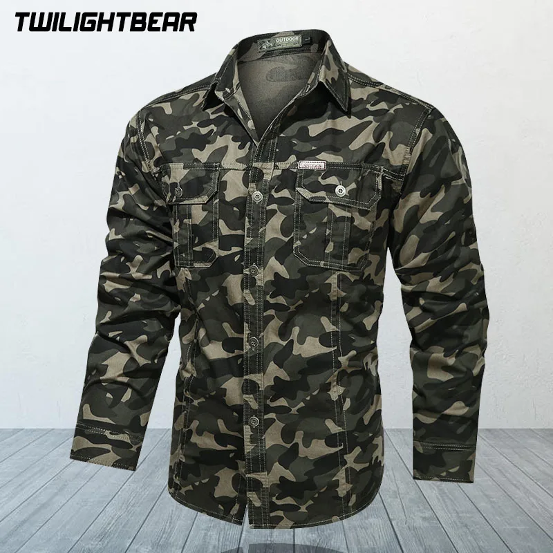 New Men\'s Casual Shirt Long Sleeve Oversized Male Pure Cotton Military Camouflage Cargo Shirt Men Clothing Blouses A2F1388C