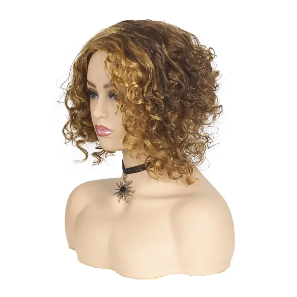 Peluca corta rizada sintética para mujer, cabello rubio mezclado marrón, peinado africano, Cosplay, 2 colores