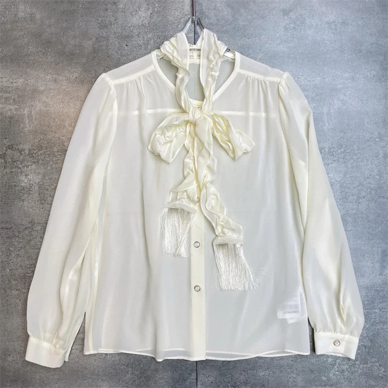 

Women's shirt 2026 Spring new single breasted slim long sleeved top Ribbon tassel artificial silk Women's blouse women's tops