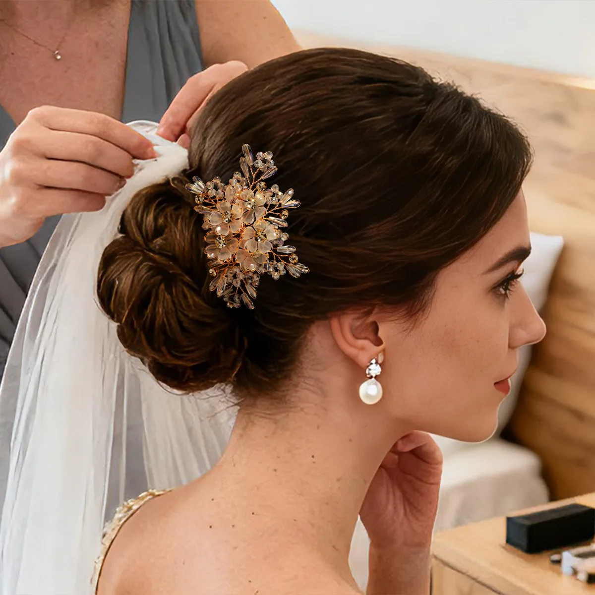 Hair Comb Crystal Flower Beaded Rhinestone Wedding Banquet Photoshoot Updo Accessory Handmade One Size