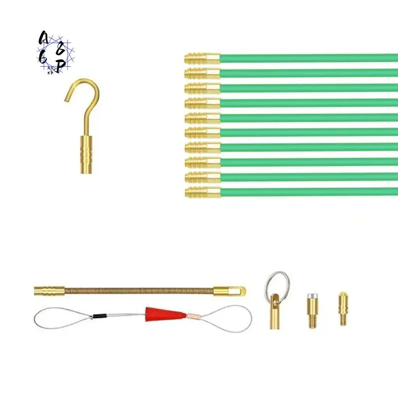 A68P-Fiberglass Fish Tape Cable Rods, Electrical Wire Running Pull/Push Kit With Hook And Hole Kit Glow Rod, Hook Hole