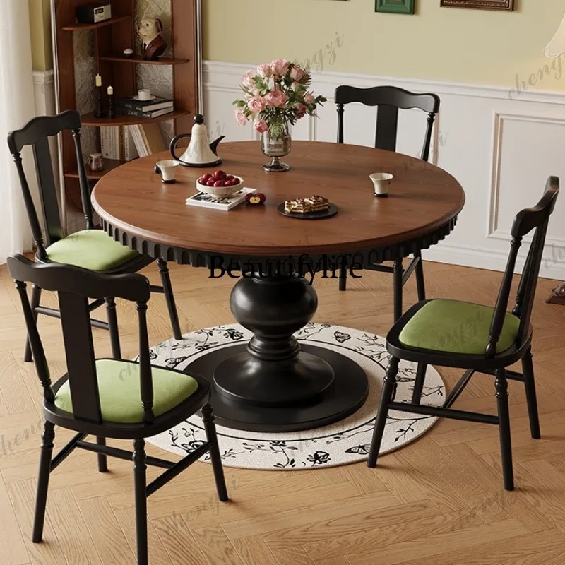Medieval round table Small apartment household American solid wood dining table Round Roman column carved dining table