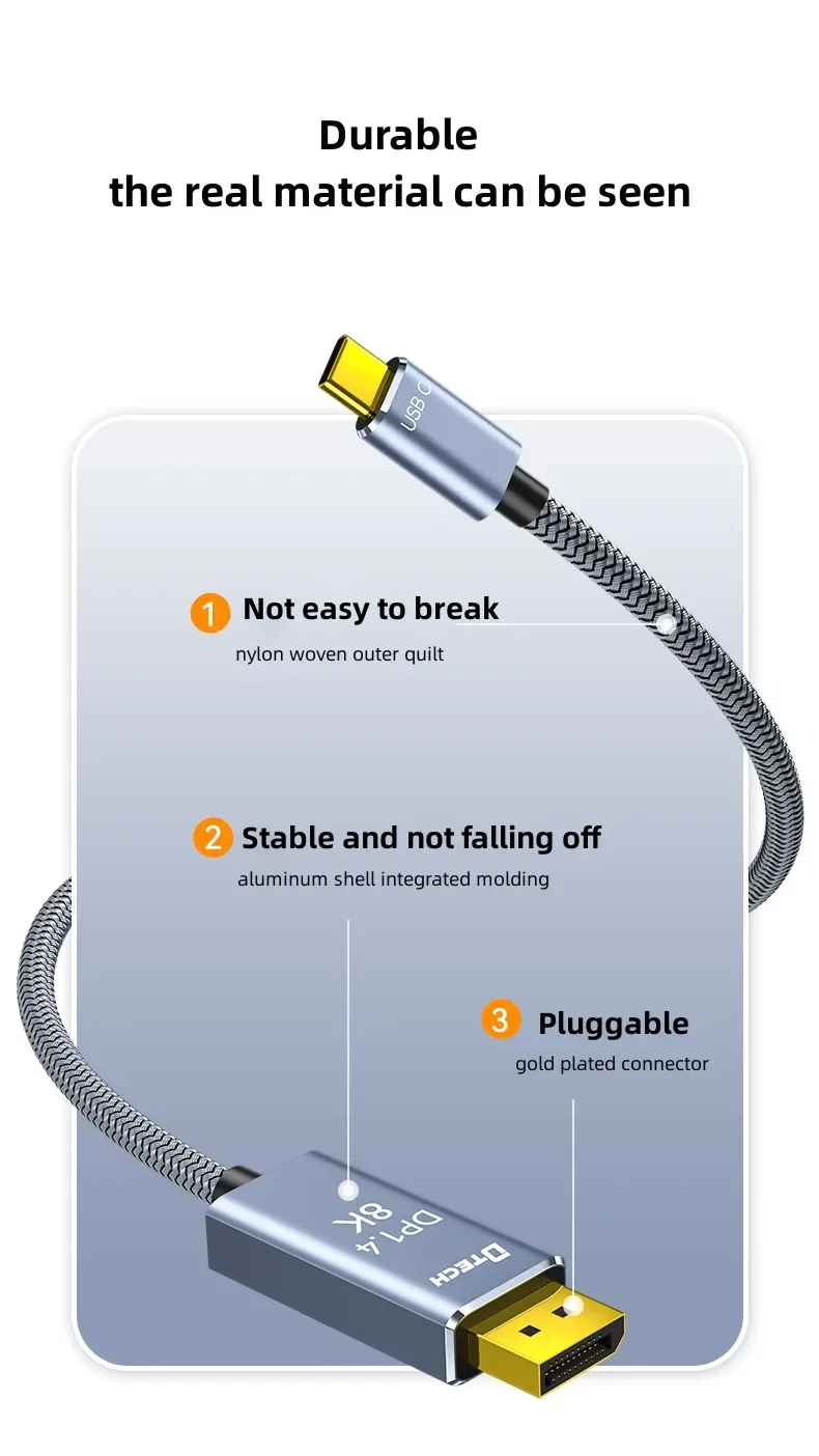 Type-C to DP DisplayPort 1.4 ケーブル 3M グレー 32.4Gbps 8K@60Hz 4K 2K HD Type-C USB to DP 変換アダプターケーブル