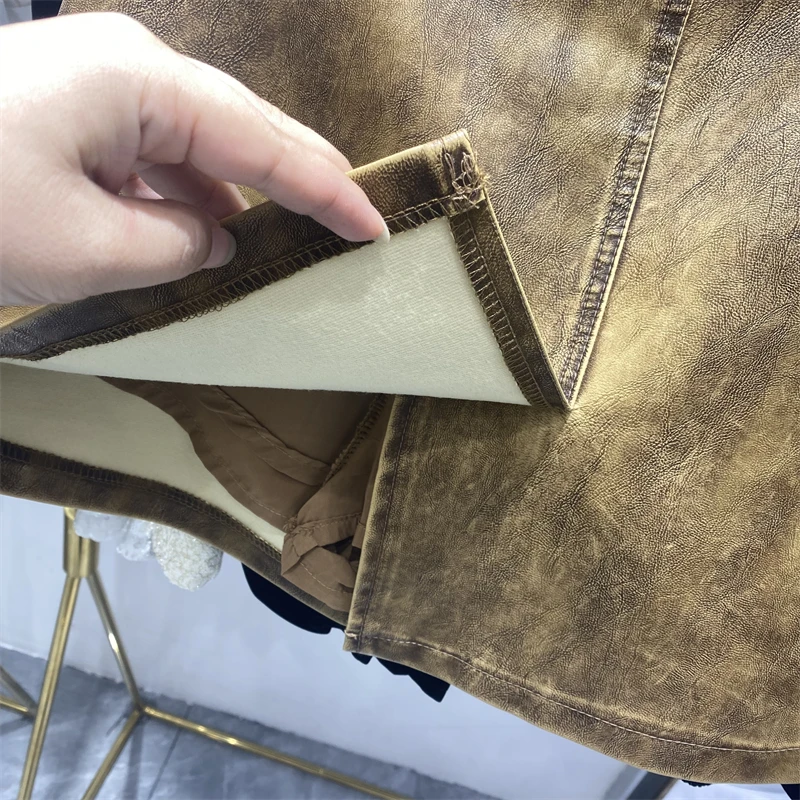 تنورة نصف جلد PU بمزاج متطور لخريف المرأة، تنورة قصيرة جديدة للفتيات الحارة بتصميم عتيق عالي الخصر على شكل حرف a #6