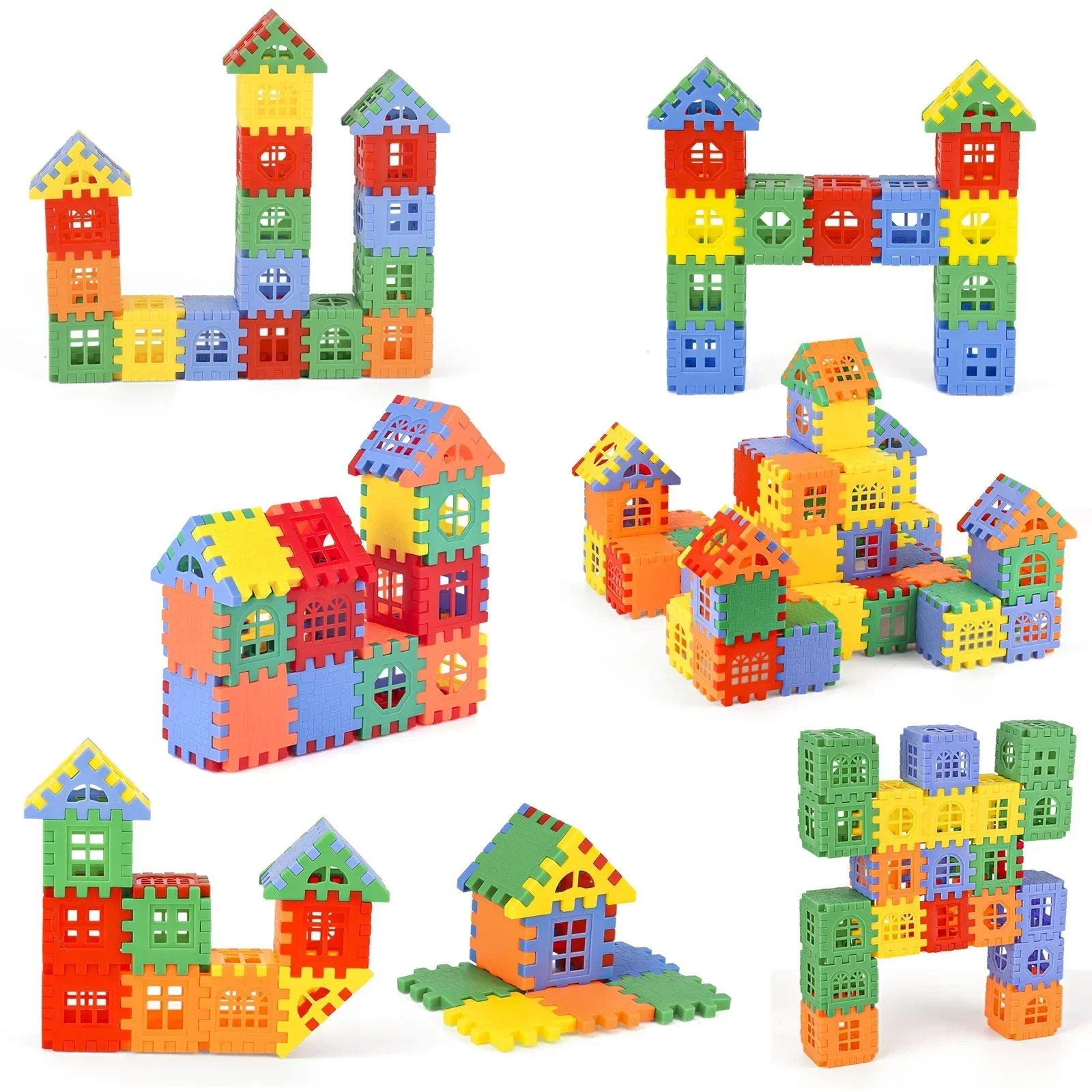 Children Building Houses Building Blocks Assembling Toys Puzzle Large Particle Blocks Wall and Window Models Puzzle for Kids Toy