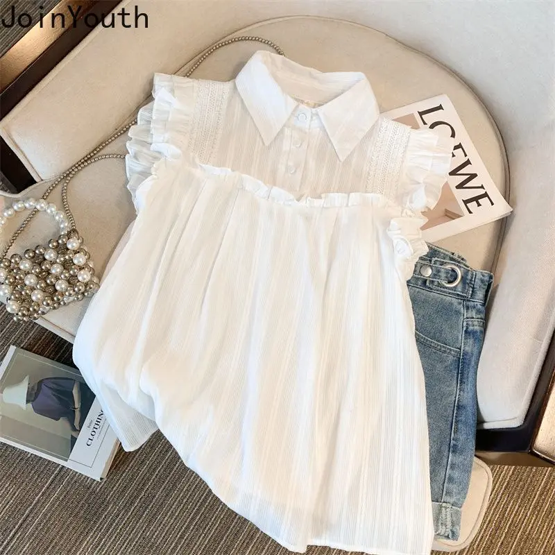 Summer Blouse Women Sleeveless Sweet Ruffles White Shirts 2024 Blusas Mujer De Moda Korean Fashion Loose Vintage Blouses Tops