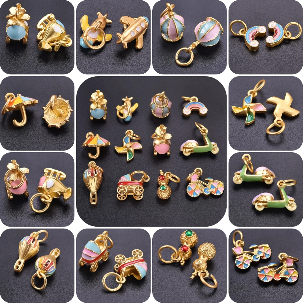 6/12pcs/lot 3D Cute Girls Charms Helicopter Bicycle Hot Air Balloon Windmill Rainbow Plane Lovely Pendants DIY Jewelry Making