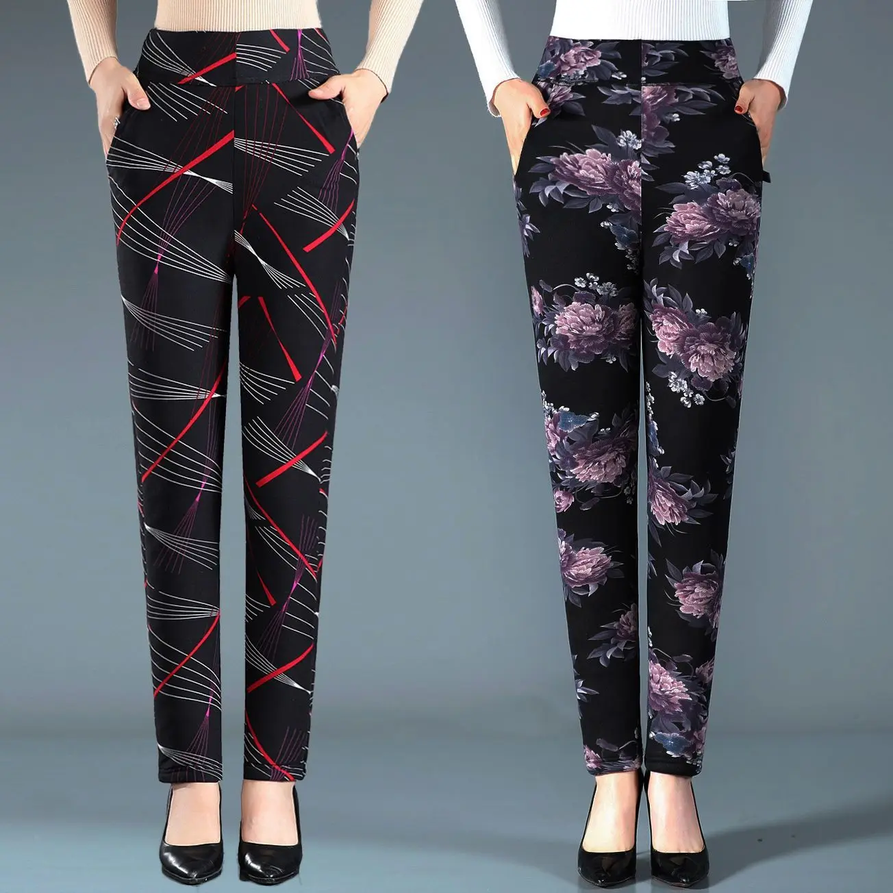 

2023 Women Autumn Winter New High Waist Slim Cotton Pants Female Middle-aged Print Pants Ladies Thick Warm Casual Trousers T600