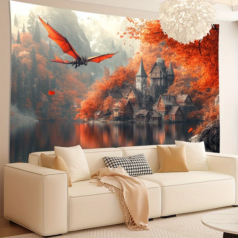 Red Dragon Tapestry, Medieval Castle and Autumn Lake Landscape, Fantasy Wall Hanging for Bedroom Living Room