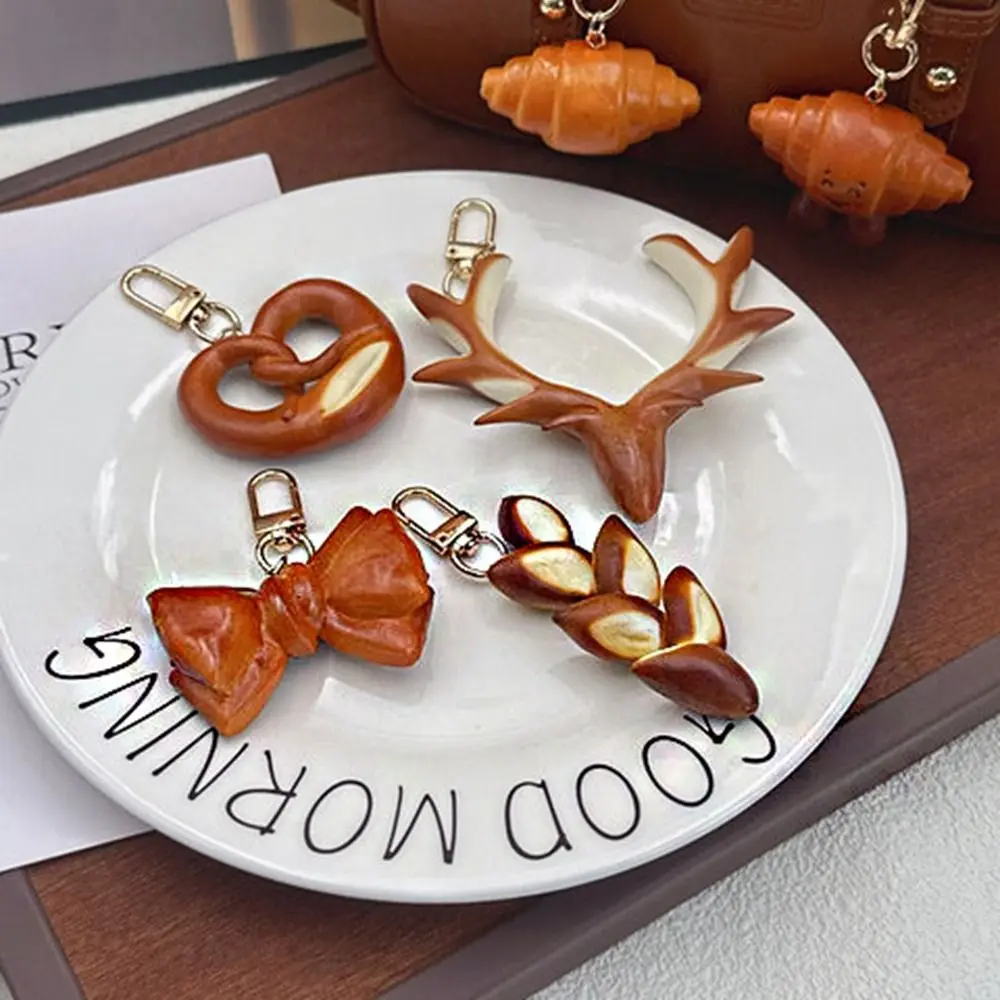 Kawaii Bagel Alkaline Bread Pendant Pretzel Keyring Simulated Food Key Chain Car Pendant Keychain Croissant Bag Accessory Gift