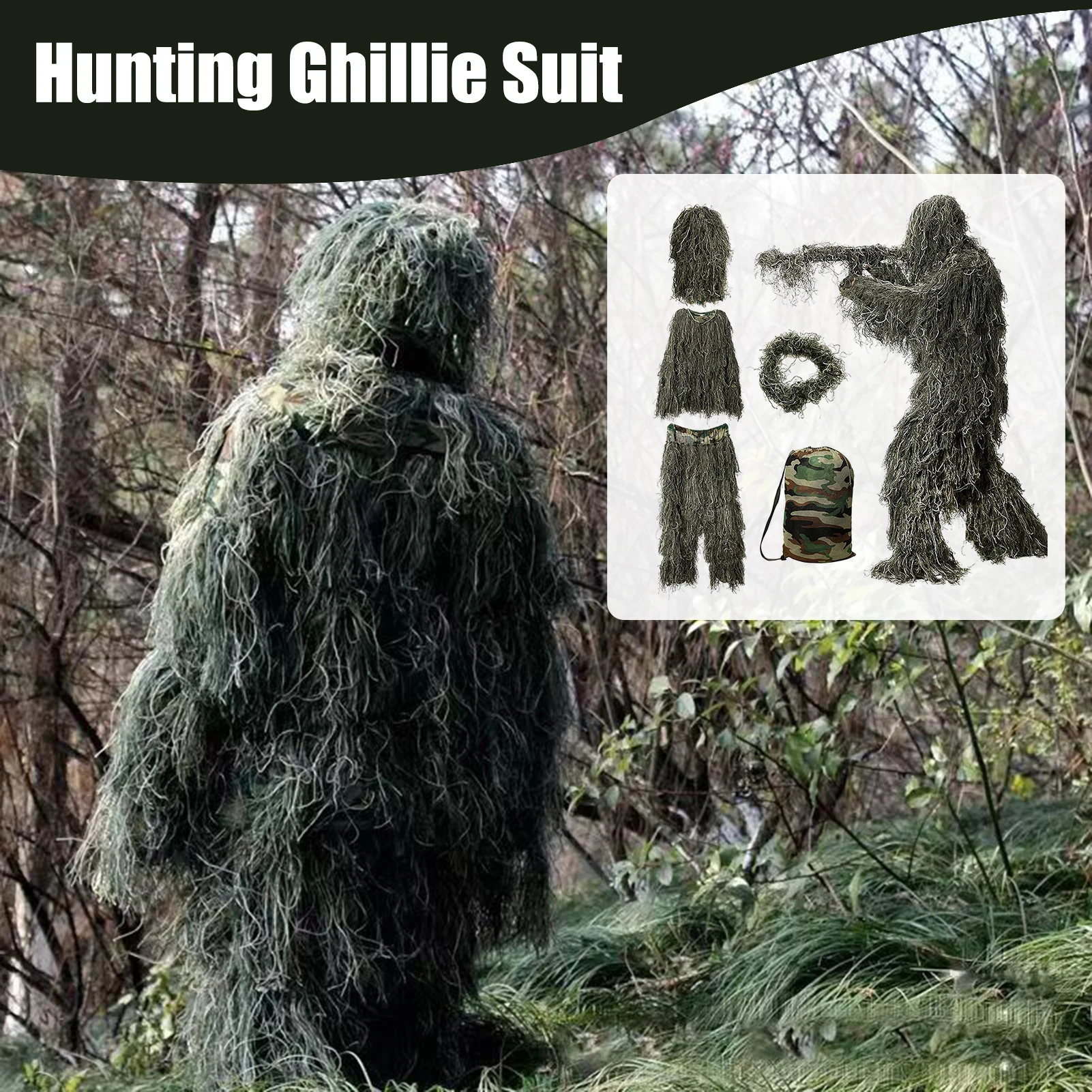 5Pcs/Set Ghillie Suit With Jacket Pants Hood Garland Carry Bag 3D Camouflage Hunting Apparel Youth Adults Woodland Clothes 길리 양복