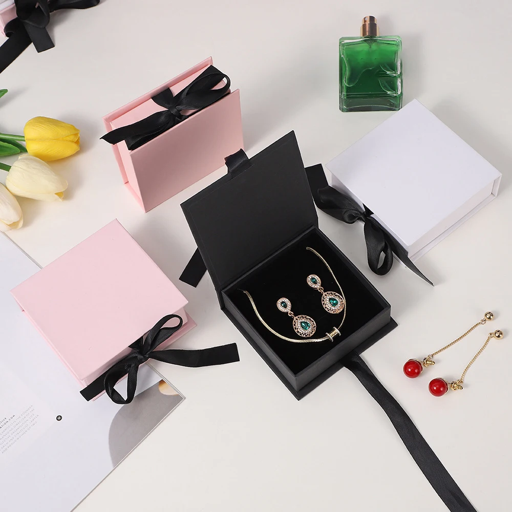 5pcs Whire Black Jewelry Flip Paper Box with Silk Earrings Bracelet Ring Necklace Organizer Gift Packing Box Wedding Gift Case