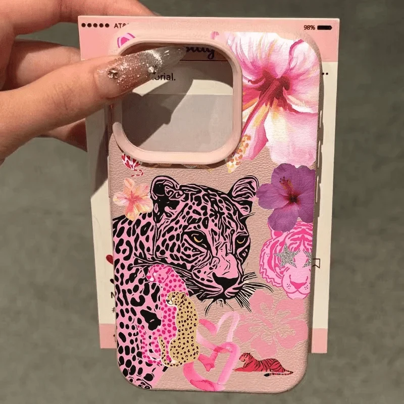 Pink Leopard Floral Pattern Lychee Phone Case for Samsung S26 S25 S24 S23 S22 S21 S20 Note20 Ultra Plus A73 A55 5G Cover