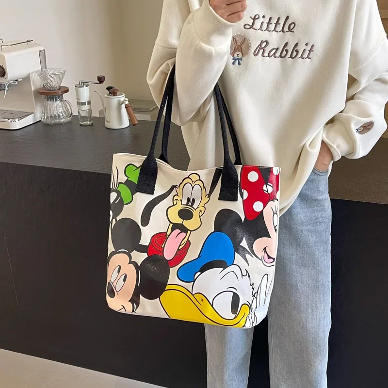 Disney Mickey Mouse Cartoon Large Capacity Canvas Shoulder Bag Female Cute Tote Student School Bag Minnie Handbag