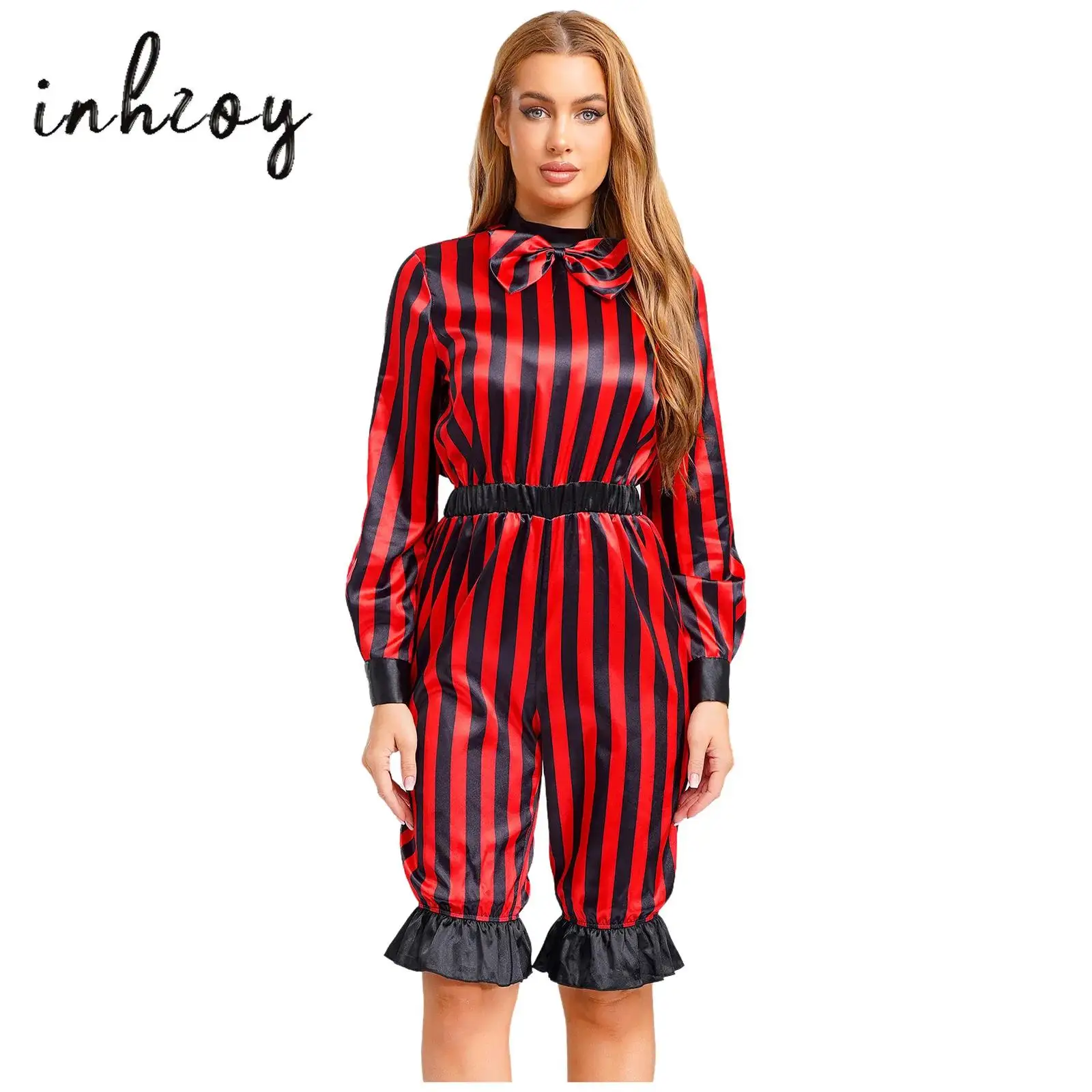

Womens Wicked Clown Circus Rompers Bow Long Sleeve Striped Bloomers Pants One Piece Jumpsuit for Halloween Cosplay Party Costume