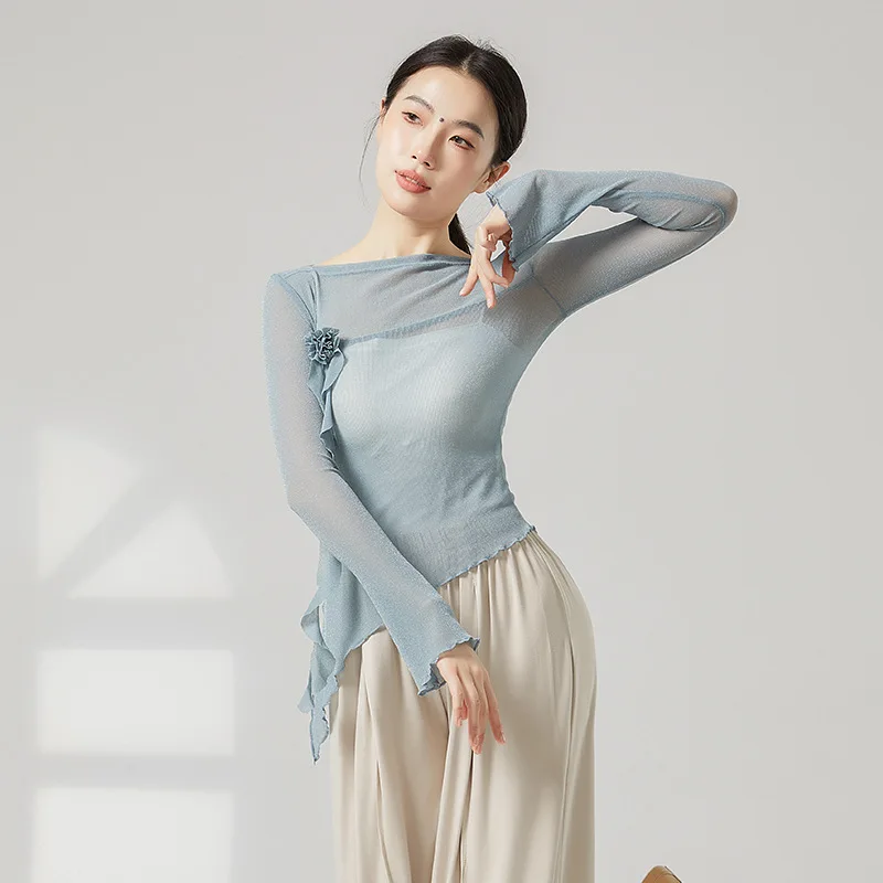 Volwassen Bloem Bling Mesh Slanke Semi Transparante Lange Mouw Asymmetrische Zoom Buikdans Blouse Kostuums voor Vrouwen Danskleding