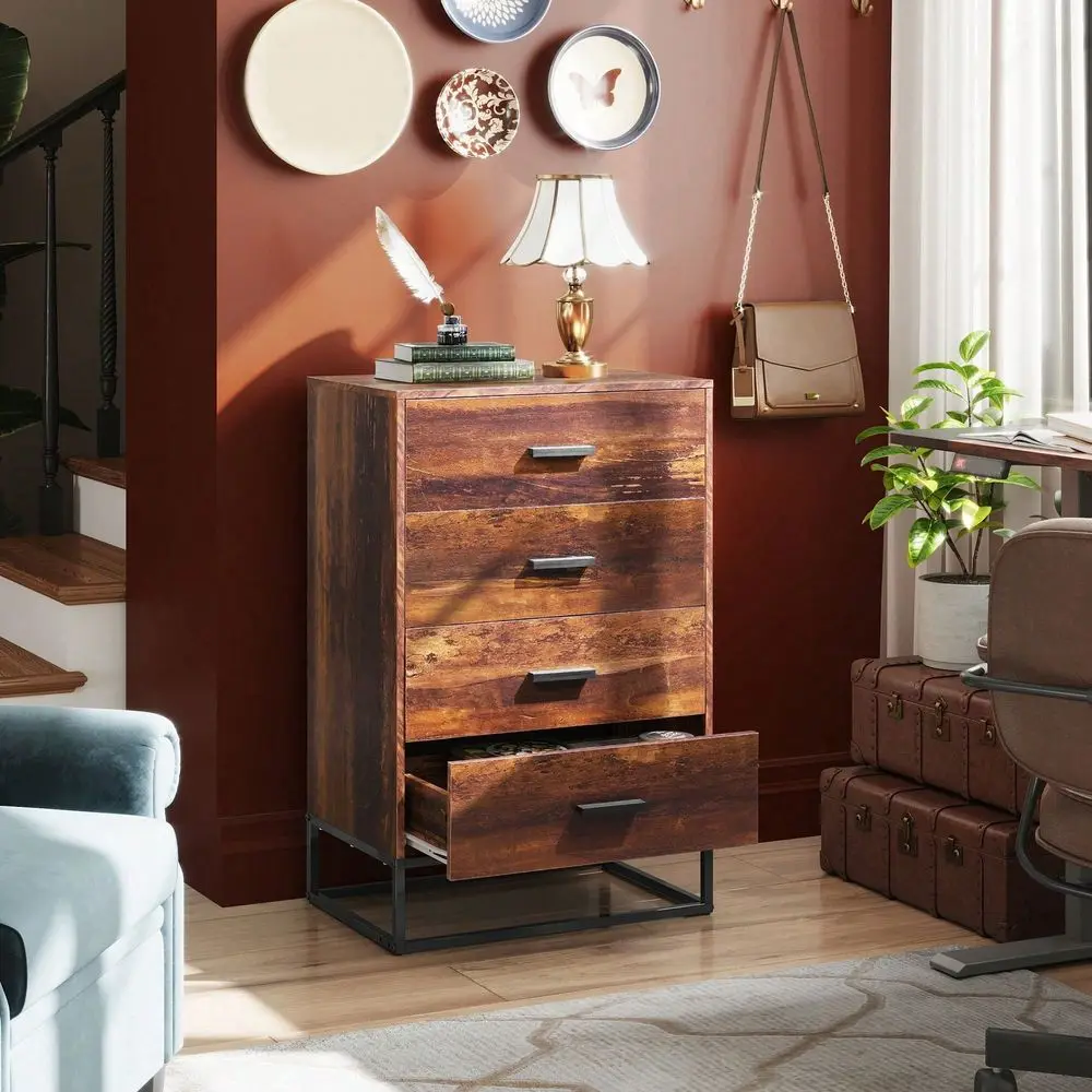 

Drawer Wood Dresser, Tall Storage Chest For Bedroom, Hallway, Living Room Closet, Sturdy Metal Frame,Brown Oak