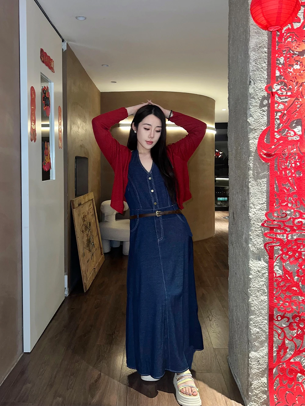 

plus Size Women's Denim Set Slimming Neck Hanging Dress And Cardigan Long Sleeve mid Length Spring Autumn Winter Fashion
