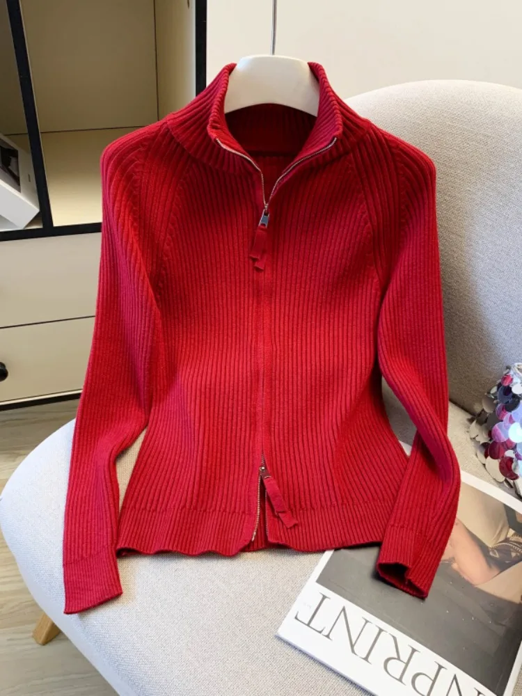 

Вязаный кардиган с двойной молнией, свободный крой, мягкий уютный новогодний красный модный антивозрастной ленивый свитер для женщин