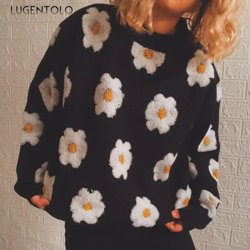 

Women Embroidery Knit Sweaters New Autumn Winter Little Daisy O-neck Lady Casual Long Sleeve Pullover Clothing Lugentolo