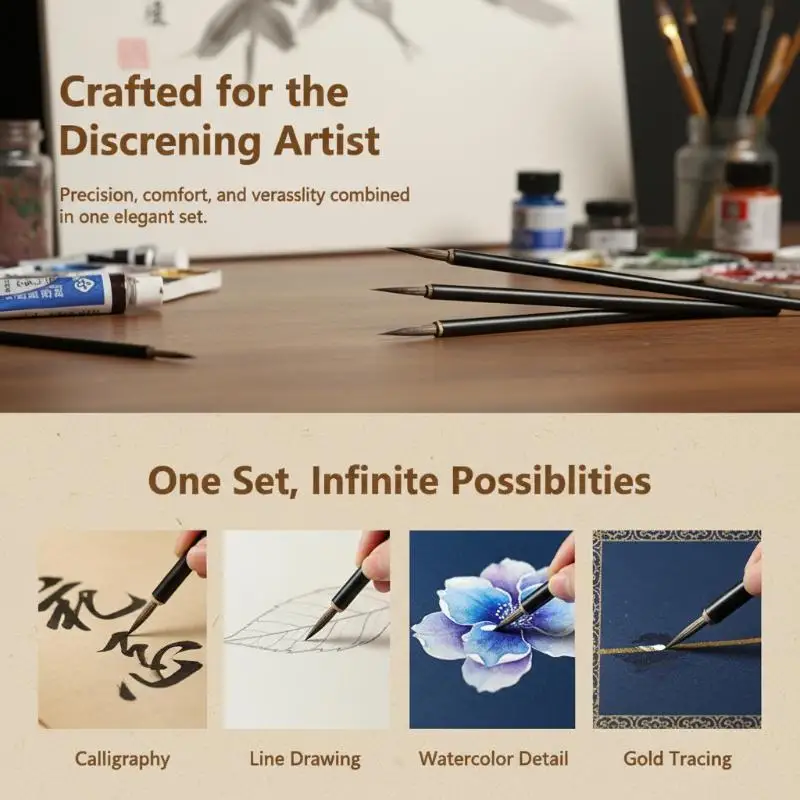 3Pcs Chinese Calligraphy Brush Set Hook Line Fine Detail Sumi Brush for Watercolor Ink Painting Kanji Traditional Art Supplies