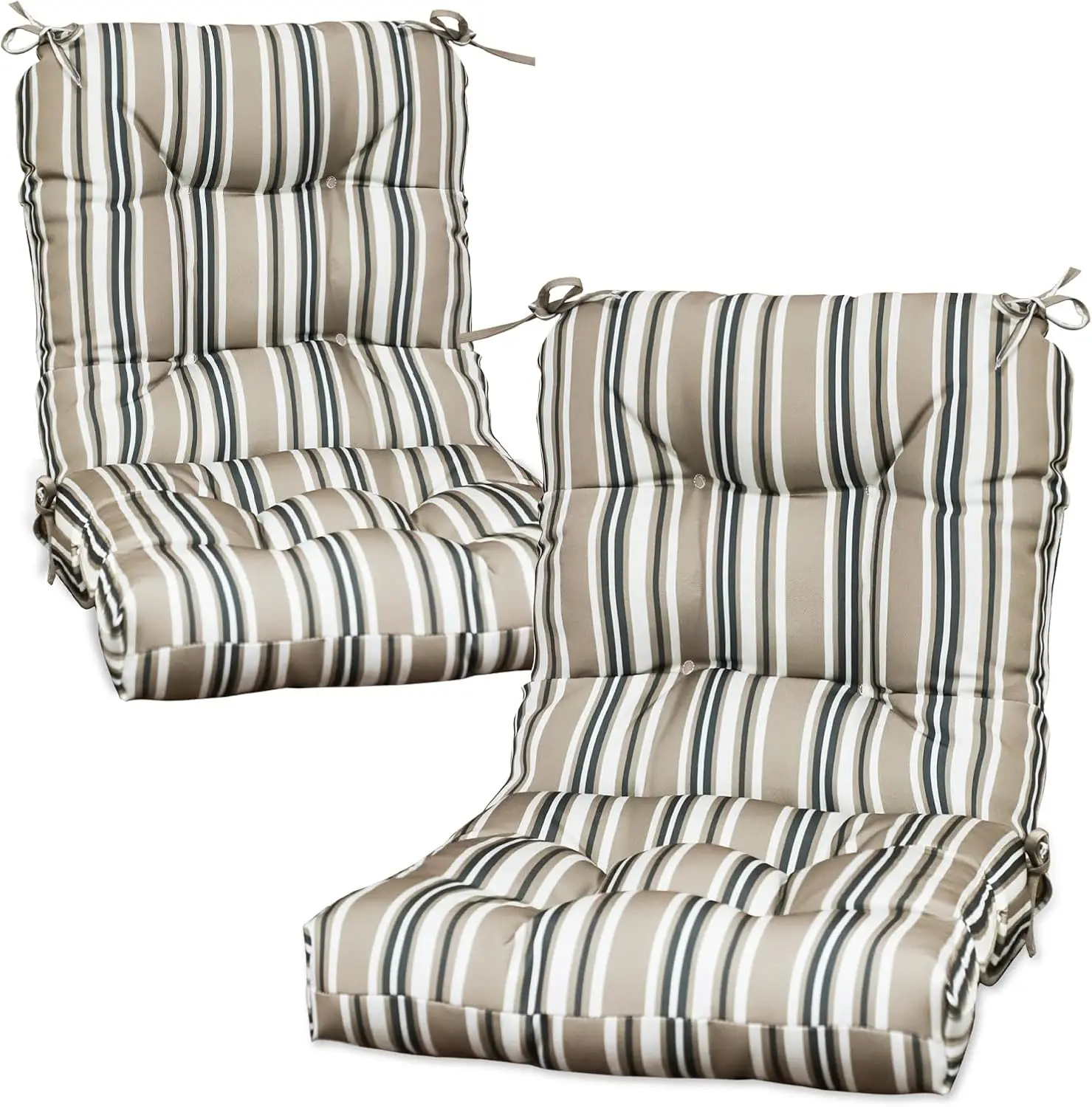 

Tufted High Back Chair Cushions, 42x21 Inch Outdoor Patio Furniture Set of 2, Water Resistant Beige Stripes Seat Pads