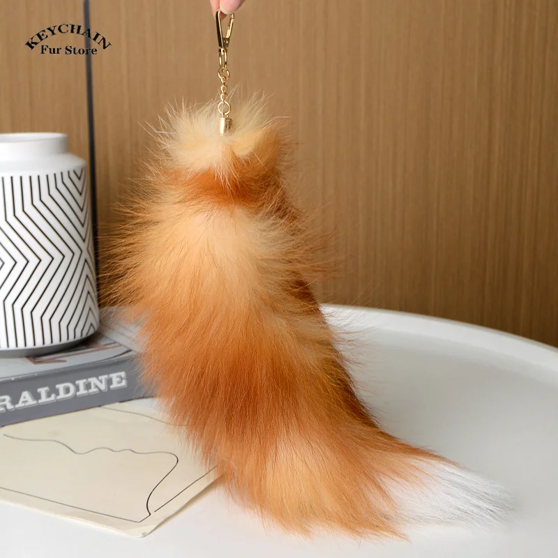 natural fox fur tail keychain furry 2024 chic y2k beautiful accessory length 40 cm Car Keychains For Women