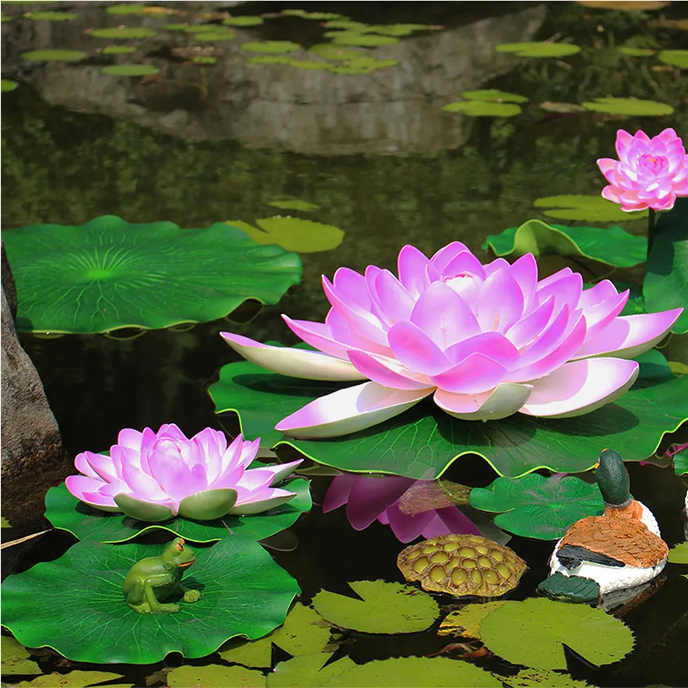 6Pcs Artificial Water Simulation Plastic Floating Pond Decor Deep Green Leaves Realistic Embossed Veining Outdoor
