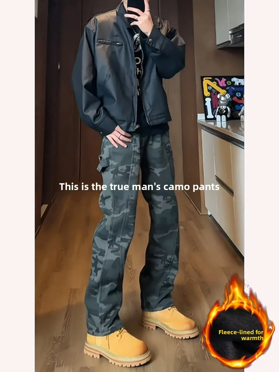 

Американские камуфляжные рабочие брюки для мужчин, осенне-зимние, на флисовой подкладке, теплые, в стиле пэчворк, джинсы Cleanfit Haome, прямые брюки