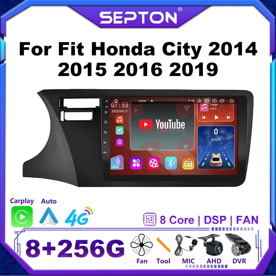 

Автомобильный радиоприемник SEPTON для Honda City 2014, 2015, 2016, 2019, CarPlay, мультимедийный видеоплеер, стерео, QLED, Android 12, Автомобильный GPS, 4G, 2Din