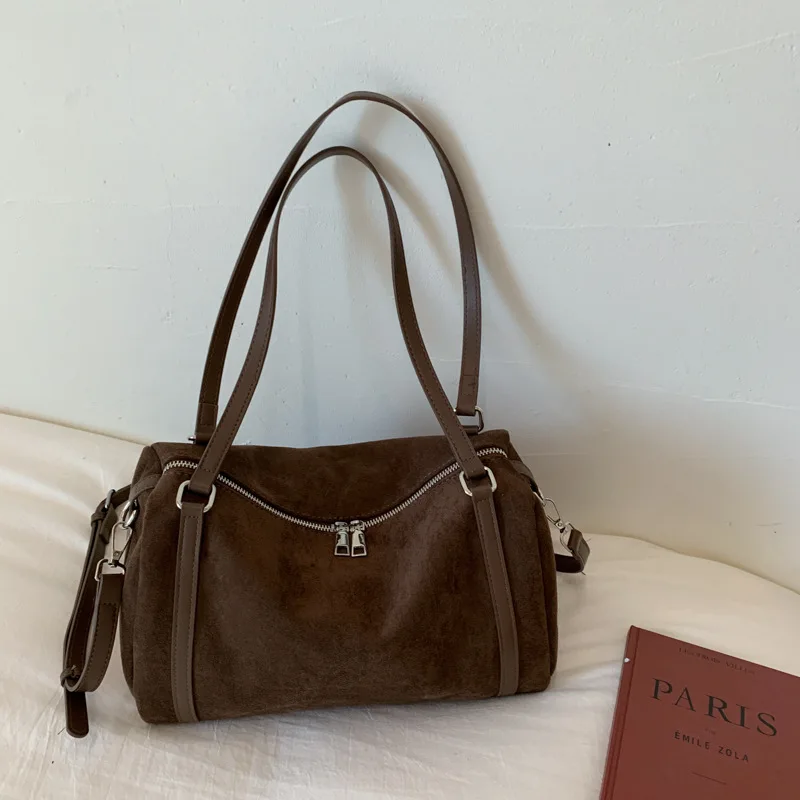 

Women Suede Tote Handbag Soft Matte Top-Handle Bag Boston Shoulder Bag Large Capacity Crossbody Bags Vintage Pillow Square Bag