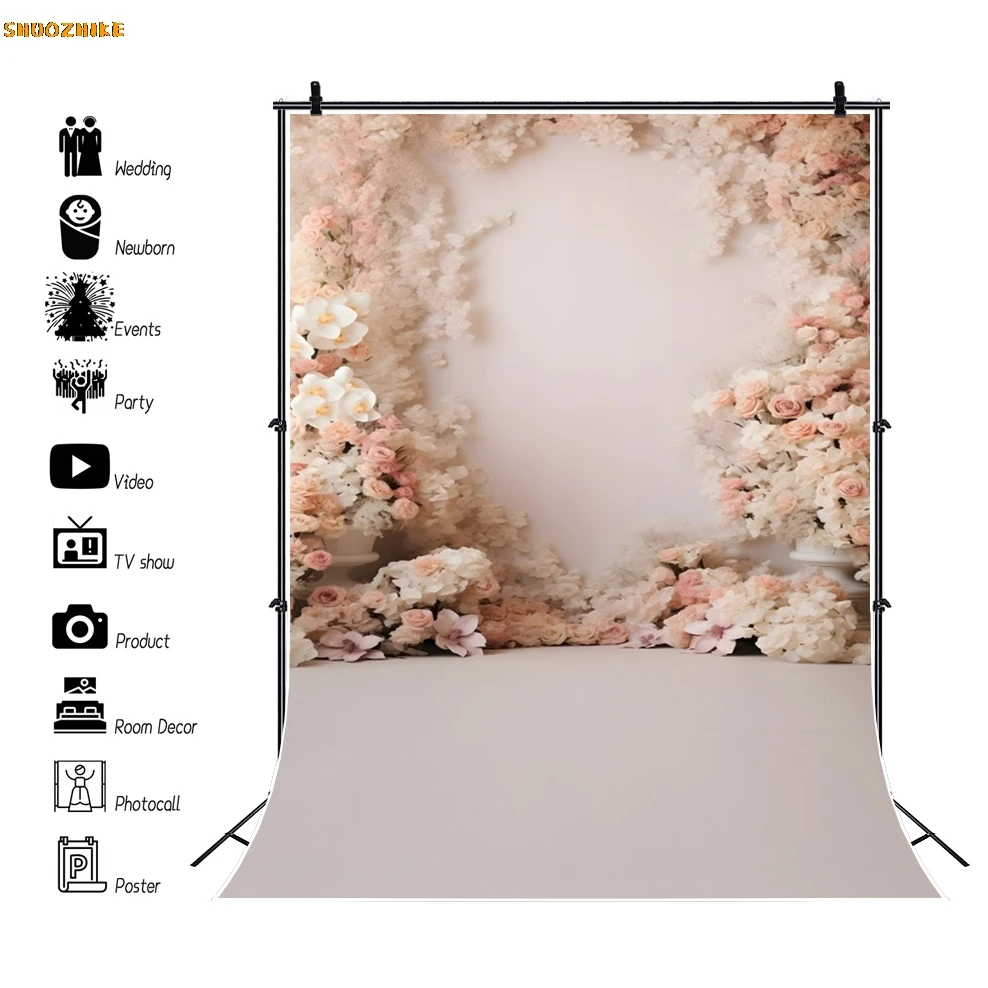 Boho Style Wedding Portrait Photography Backdrop Flowers Window Curtain Bridal Shower Birthday Party Photo Background Props