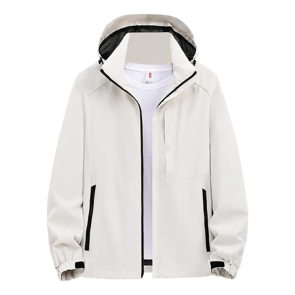 

Men Outerwear Men's Outdoor Trench Jacket with Stand Collar Hood Windproof Scratch-resistant Fabric Long Sleeve Zipper Closure