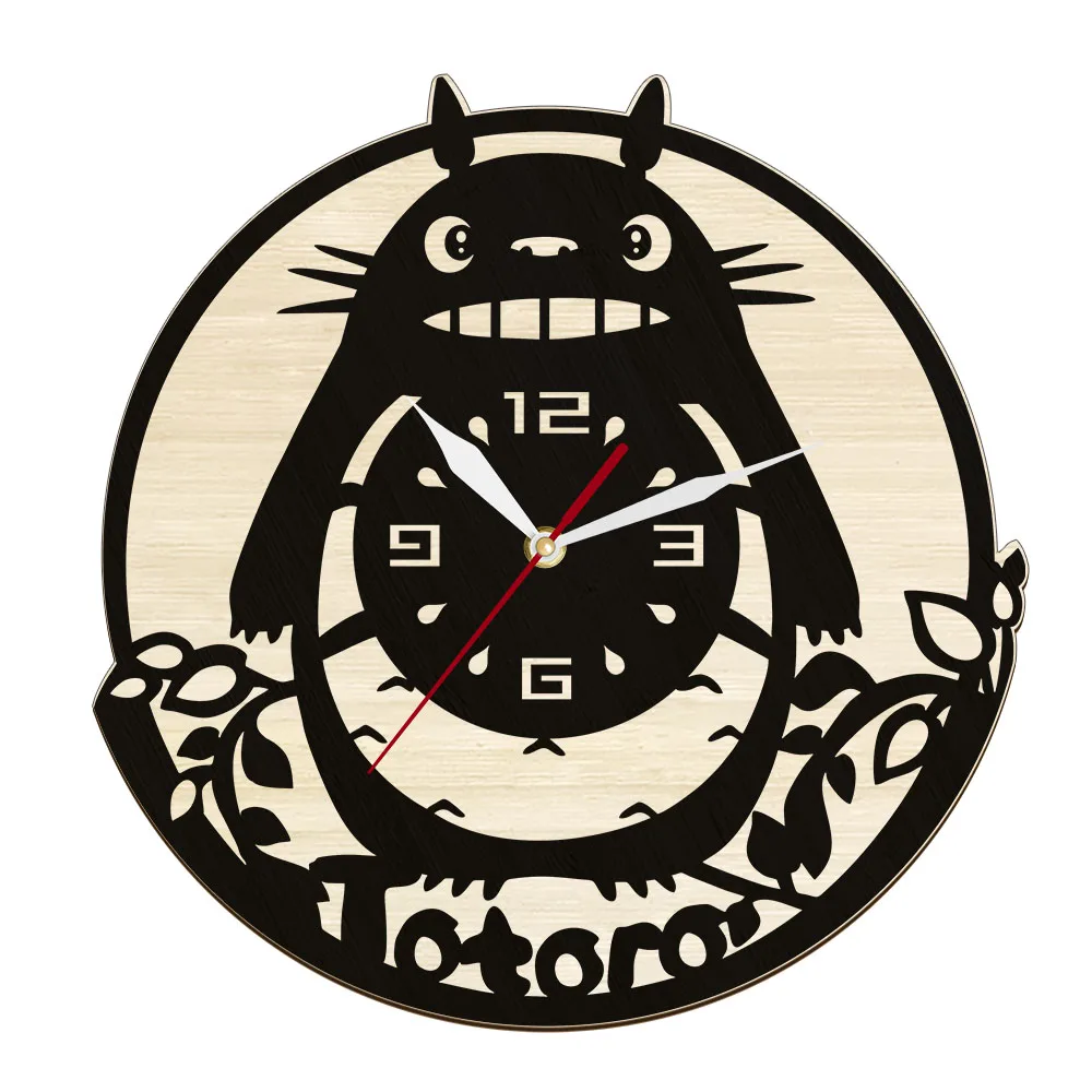 

Japanese Anime Character Mascot Wooden Wall Clock Children's Bedroom Decor For Nursery Cartoon Forest Keeper Gray Cat Wall Watch