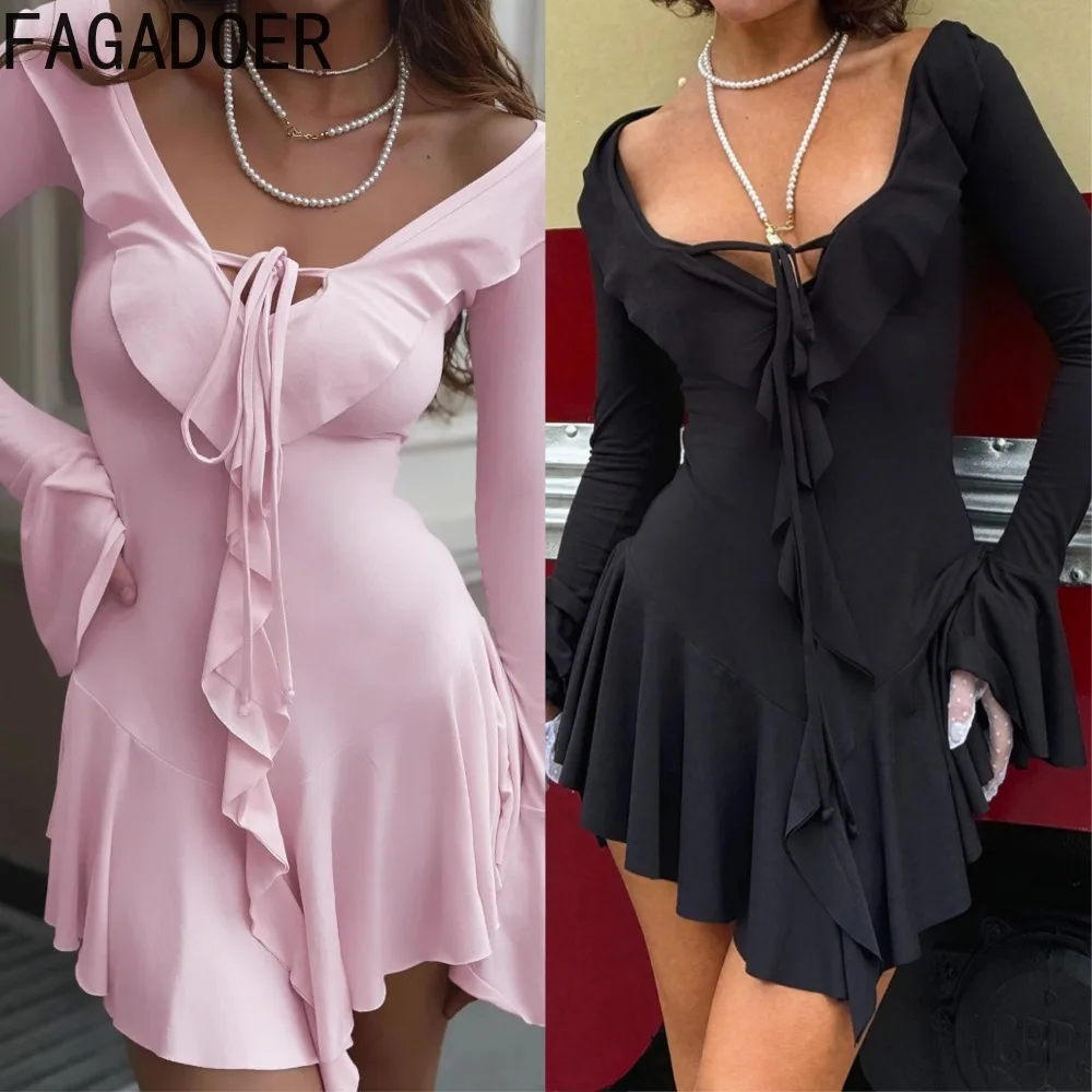 

FAGADOER Summer New Sexy Solid Color Flare Sleeve Bodycon Dresses Women's V-Neck Ruched Patchwork Dress Streetwear Vestidos 2026