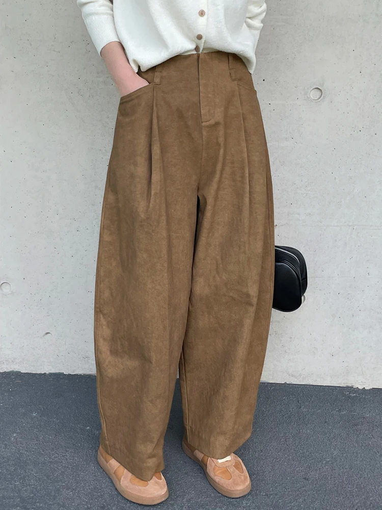 [EAM] High Elastic Waist Coffee Tie Dye Brief Long Wide Leg Pants New Trousers Women Fashion Tide Spring Autumn 2024 1DH7307