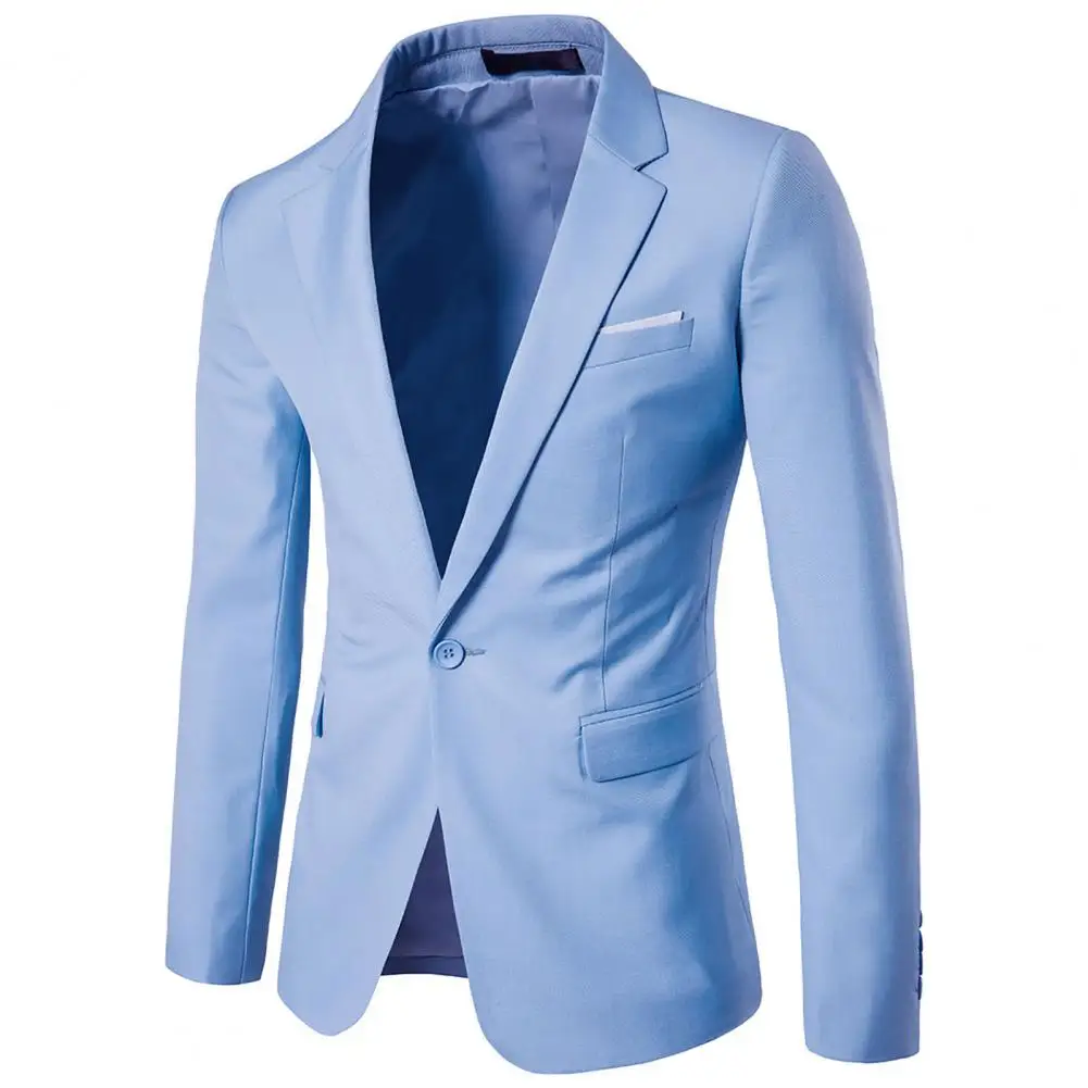 Men Blazer Single Button Solid Color Turndown Collar Plus Size Slim Pockets Suit Coat for Office