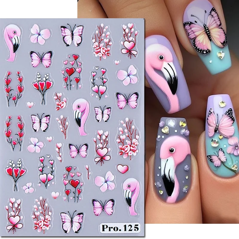 5d Embossed Nail Art Stickers Valentine Red Love Hearts Butterflys Flamingos Flowers Decals Decorations For Nail Tips Manicures