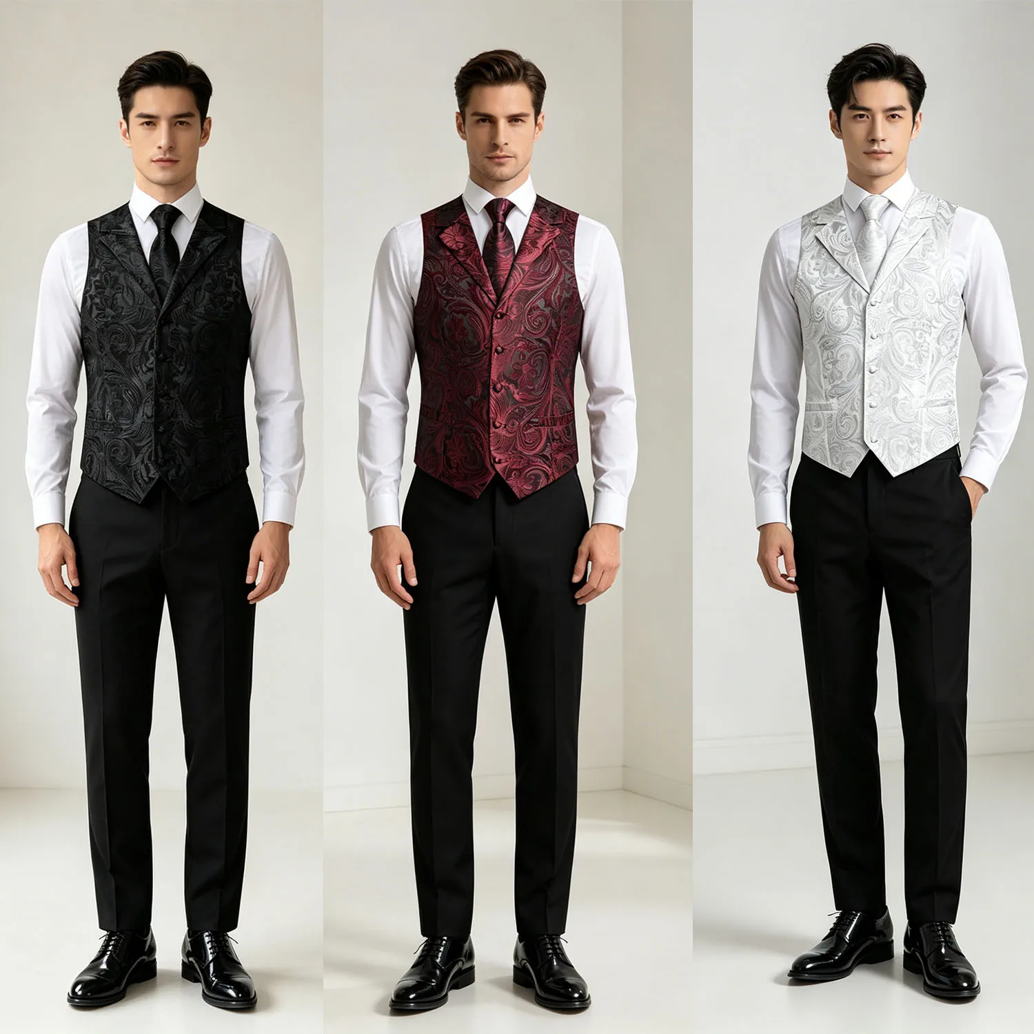 Chaleco Clásico Formal para Hombre, para Fiesta o Boda, Color Sólido, Rojo, Rosa, Plateado, Gris, con Pañuelo de Bolsillo y Corbata, Conjunto de Traje
