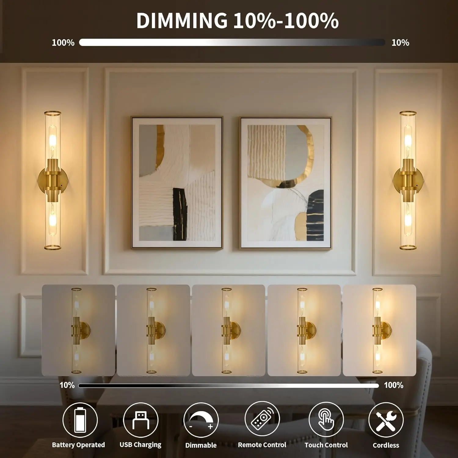 8000mAh Wireless Wall Sconces with Remote Control 3000K, Gold, 20.5 Inch
