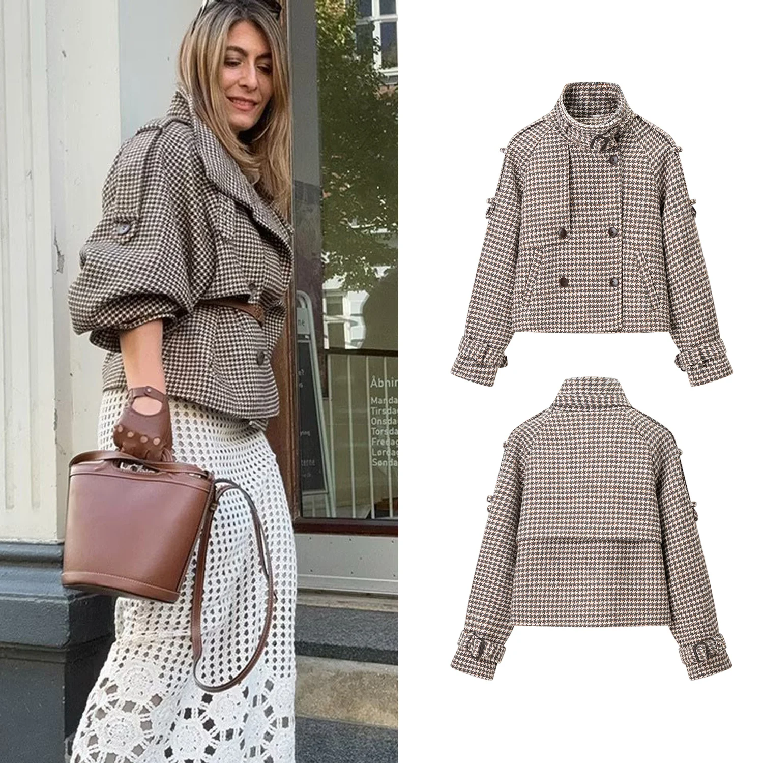 

Women Vintage Stand Collar Plaid Coat Female Long Sleeve Double Button Pockets Loose Jacket Autumn Winter Lady Elegant Outwear