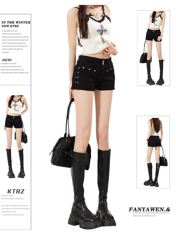 

American Style Hot Girl Black Super Short Jeans Women Summer Large Size Rivet High Waist Slimming Design Buttock Embracing Ho...
