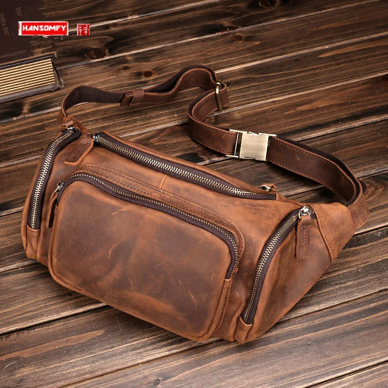 

Crazy Horse Leather Big Belt Bag Men's Chest Bag First Layer Cowhide Waist Packs Retro Fashion Casual Bag crossbody Bags